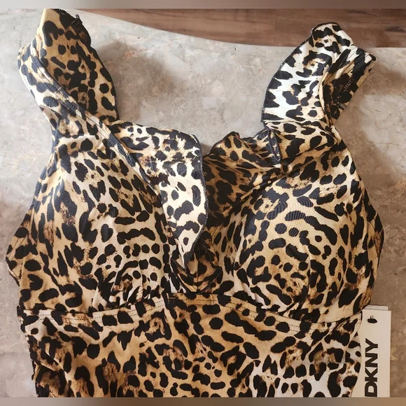 S M L XL DKNY Swim One Piece Ruffle V Neck Swimsuit Leopard - Picture 6 of 11